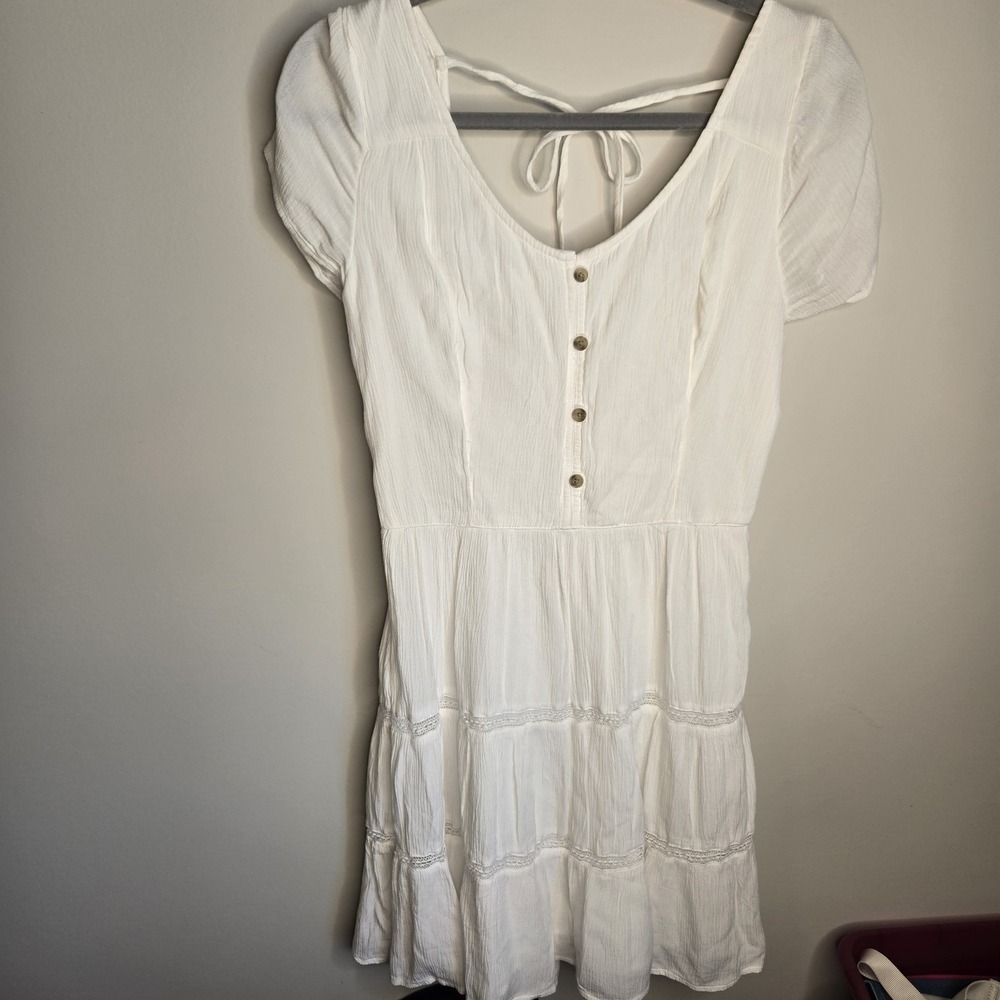 Hollister M Medium Long Tall White Cottagecore Fairy Boho Tiered Dress Button - Picture 2 of 11